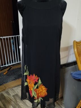 MSK Black Midi Dress with Orange and Pink Floral Hem